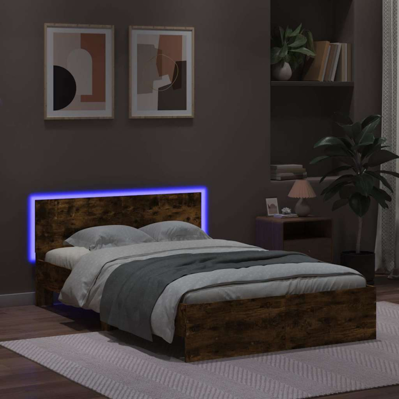 Bettgestell mit Kopfteil LED-Beleuchtung Räuchereiche 120x190cm
