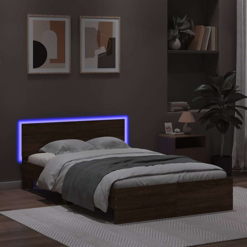 Bettgestell mit Kopfteil LED-Beleuchtung Braun Eichen-Optik