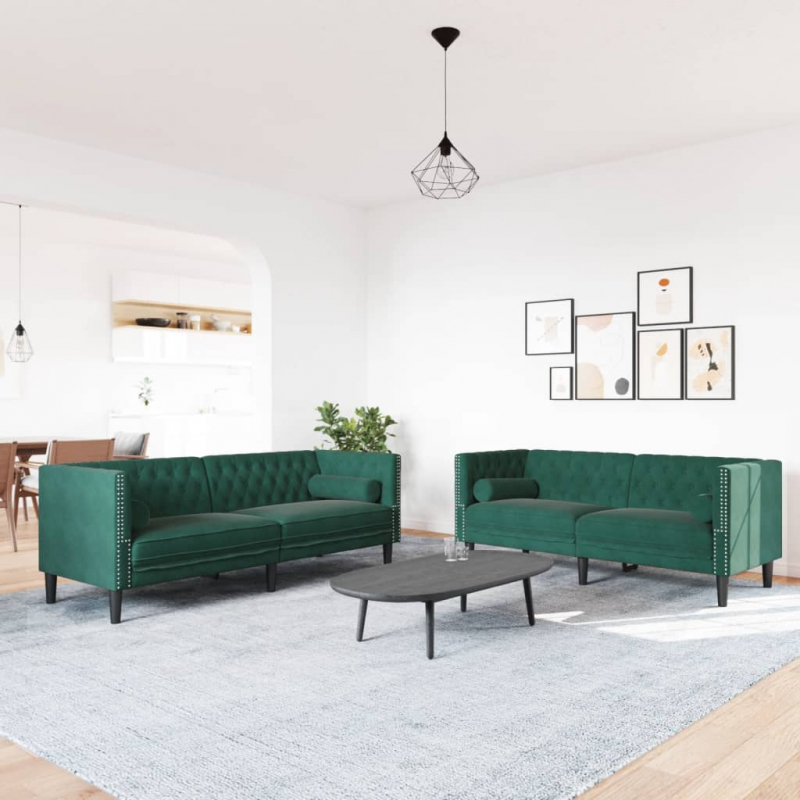 2-tlg. Chesterfield-Sofa-Set mit Nackenrollen Dunkelgrün Samt