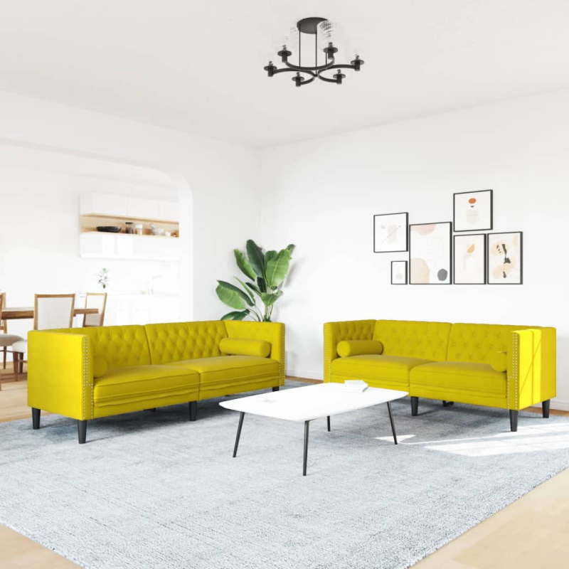 2-tlg. Chesterfield-Sofa-Set mit Nackenrollen Gelb Samt