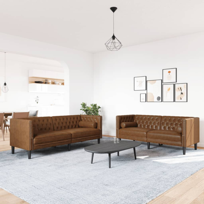 2-tlg. Chesterfield-Sofa-Set Braun Kunstleder Wildleder-Optik