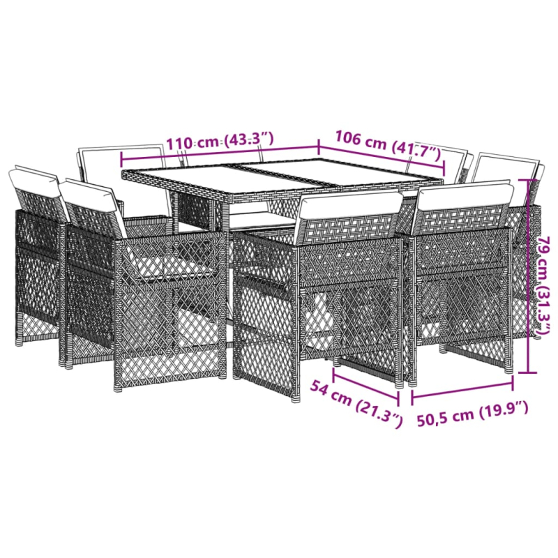 9-tlg. Garten-Essgruppe mit Kissen Braun Poly Rattan