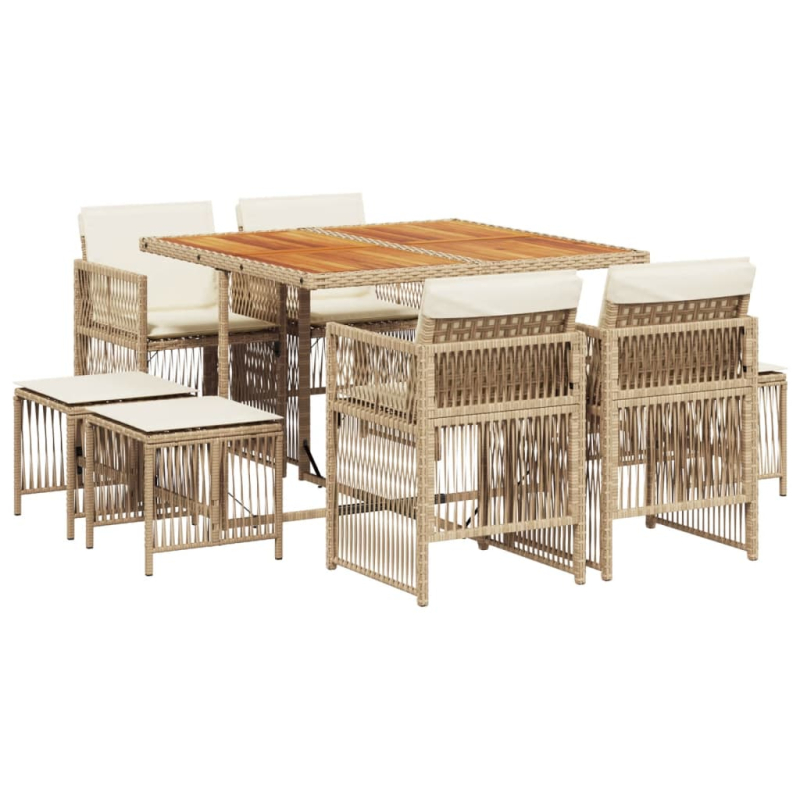 9-tlg. Garten-Essgruppe mit Kissen Beige Poly Rattan