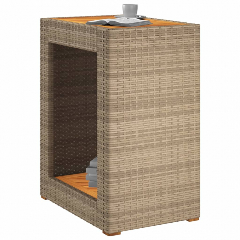 Garten-Beistelltisch mit Holzplatte Beige Poly Rattan