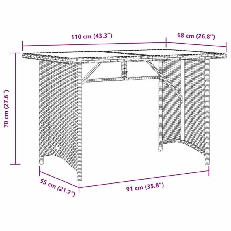 Gartentisch mit Glasplatte Hellgrau 110x68x70 cm Poly Rattan