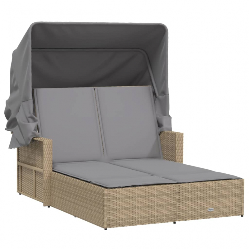 Doppel-Sonnenliege mit Dach und Auflagen Beige Poly Rattan