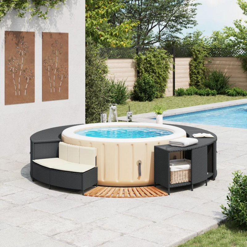 Whirlpool-Umrandung Schwarz Poly-Rattan und Massivholz Akazie