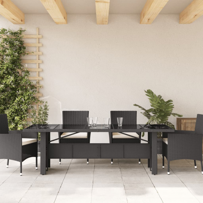 Gartentisch mit Glasplatte Schwarz 240x90x75 cm Poly Rattan