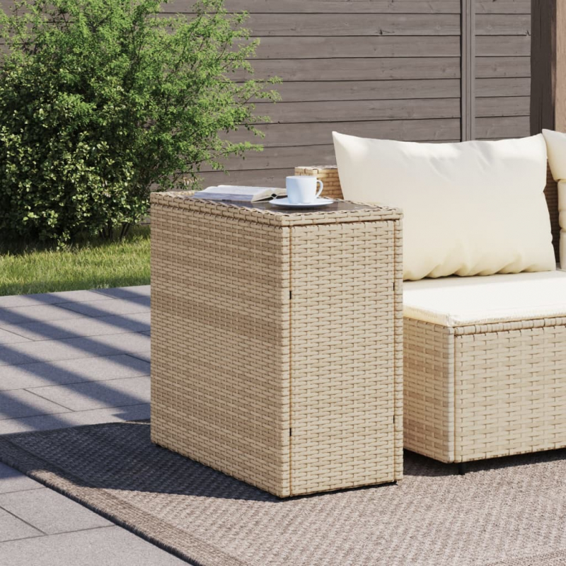 Garten-Beistelltisch Glasplatte Beige 58x27,5x55 cm Poly Rattan