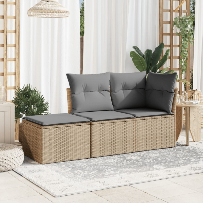 Gartenhocker mit Kissen Beige 55x55x37 cm Poly Rattan