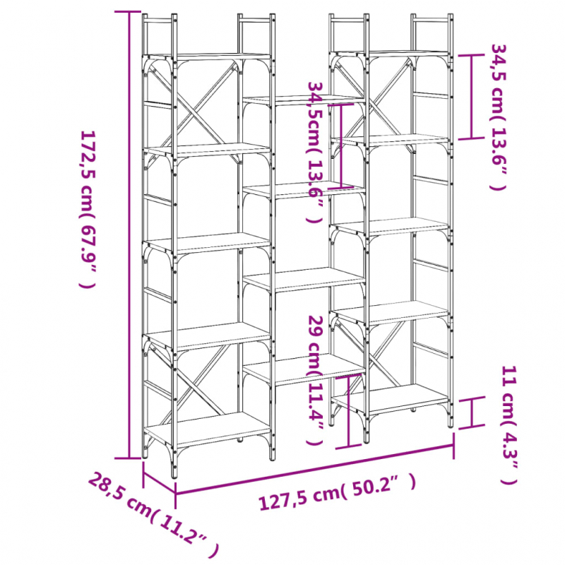 Bücherregal Grau Sonoma 127,5x28,5x172,5 cm Holzwerkstoff