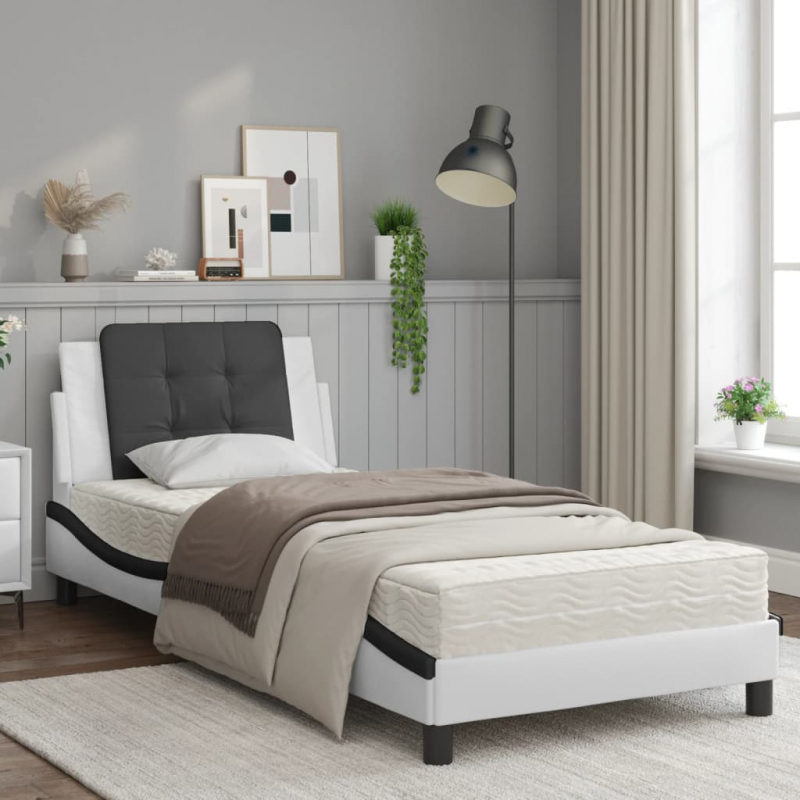 Bett mit Matratze Weiß und Schwarz 80x200 cm Kunstleder