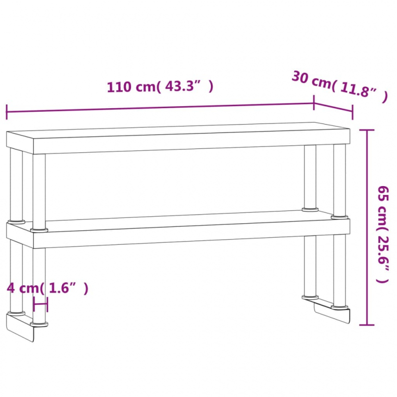 Aufsatzboard für Küchentisch 2 Ablagen 110x30x65 cm Edelstahl