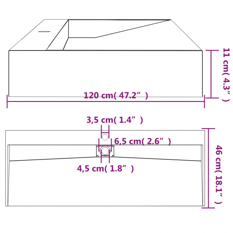 Waschbecken 120x46x11 cm Mineralguss/Marmorguss Anthrazit