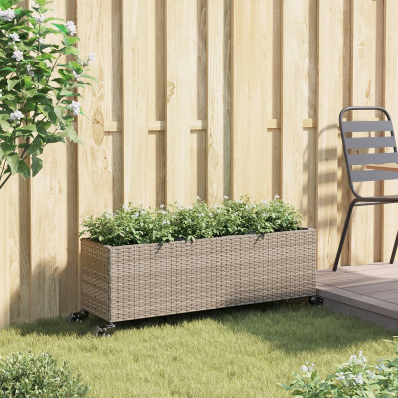 Pflanzkübel mit Rollen 3 Töpfe Grau 107x32x38 cm Poly-Rattan