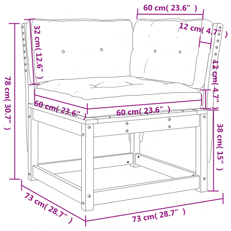 Garten-Ecksofa mit Kissen 73x73x78 cm Massivholz Kiefer