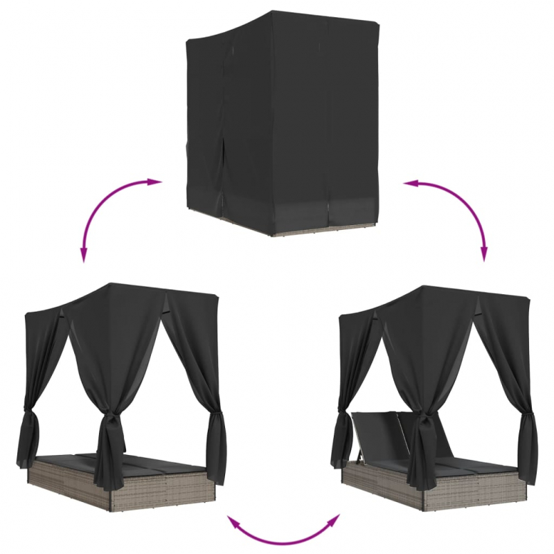Doppel-Sonnenliege mit Dach und Vorhängen Grau Poly Rattan