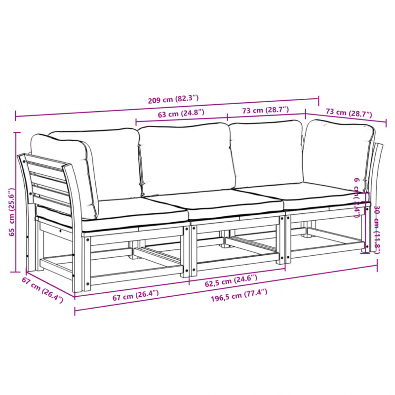 3-tlg. Garten-Lounge-Set mit Kissen Massivholz Akazie