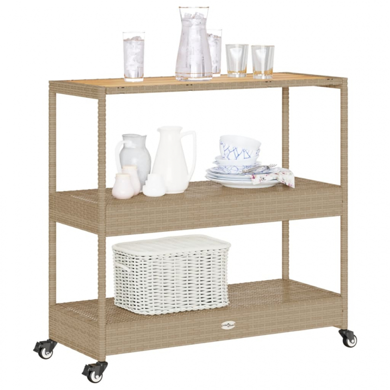 Barwagen 3 Böden Beige Poly Rattan und Massivholz Akazie