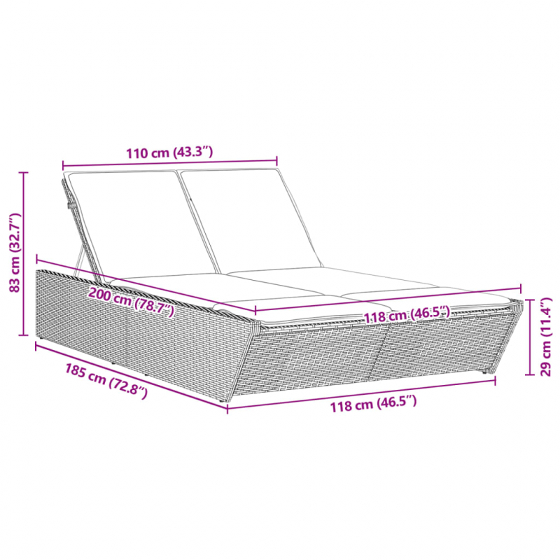 Doppel-Sonnenliege mit Kissen Grau Poly Rattan