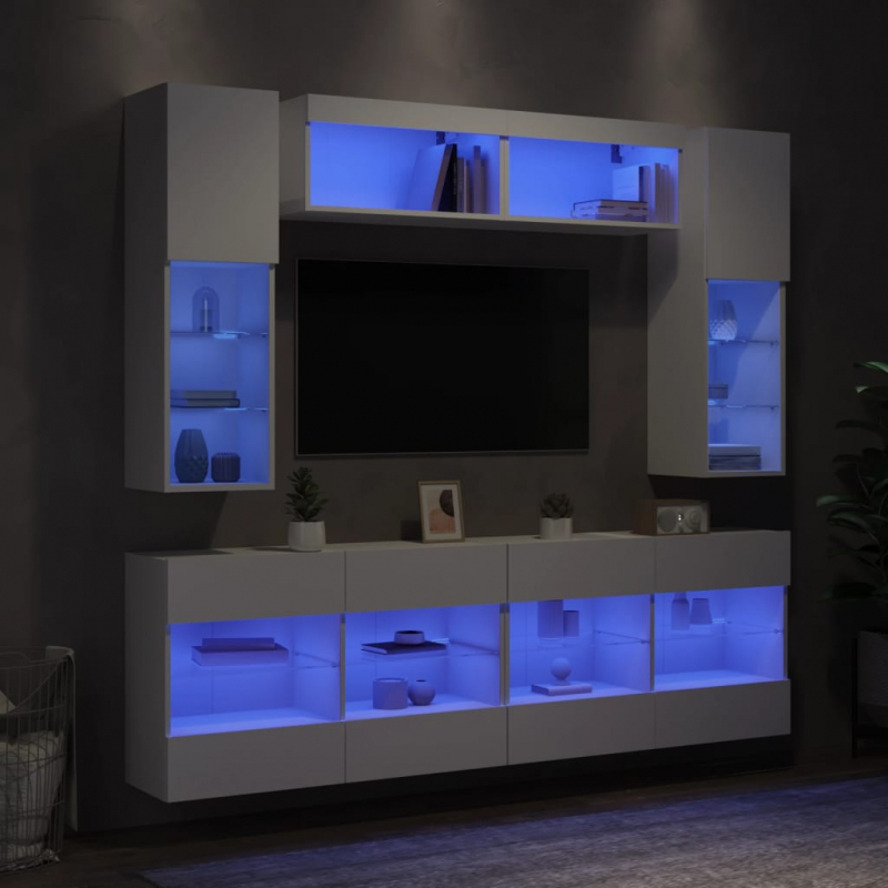 6-tlg. TV-Wohnwand mit LED-Leuchten Weiß