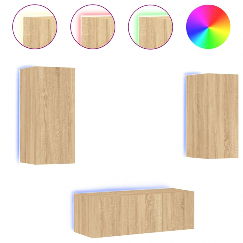 4-tlg. Wohnwand mit LED-Beleuchtung Sonoma-Eiche Holzwerkstoff