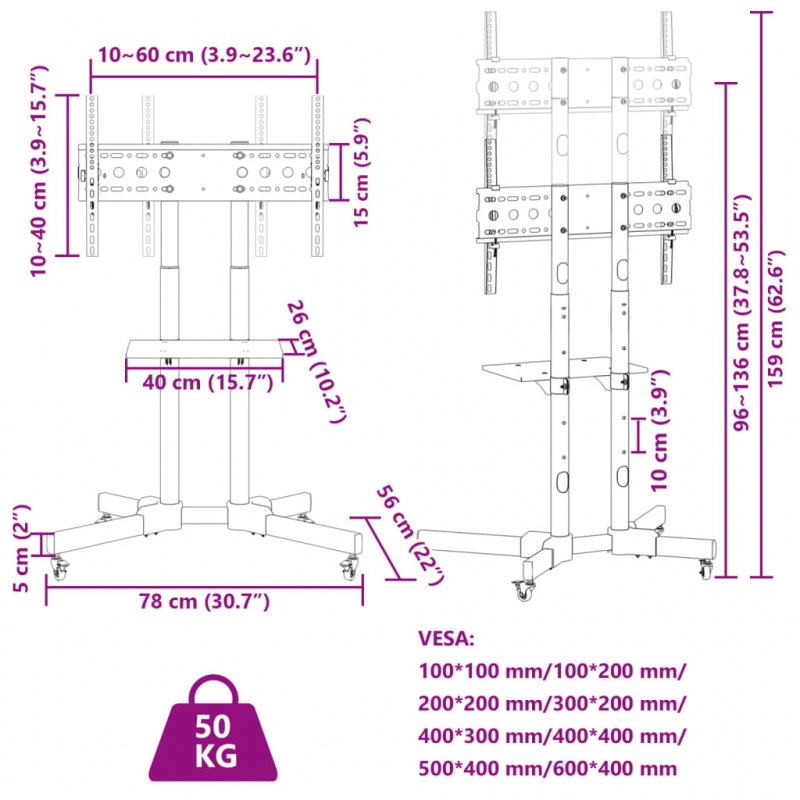 TV-Ständer Rädern 32-70 Zoll Bildschirm Max VESA 600x400mm 50kg