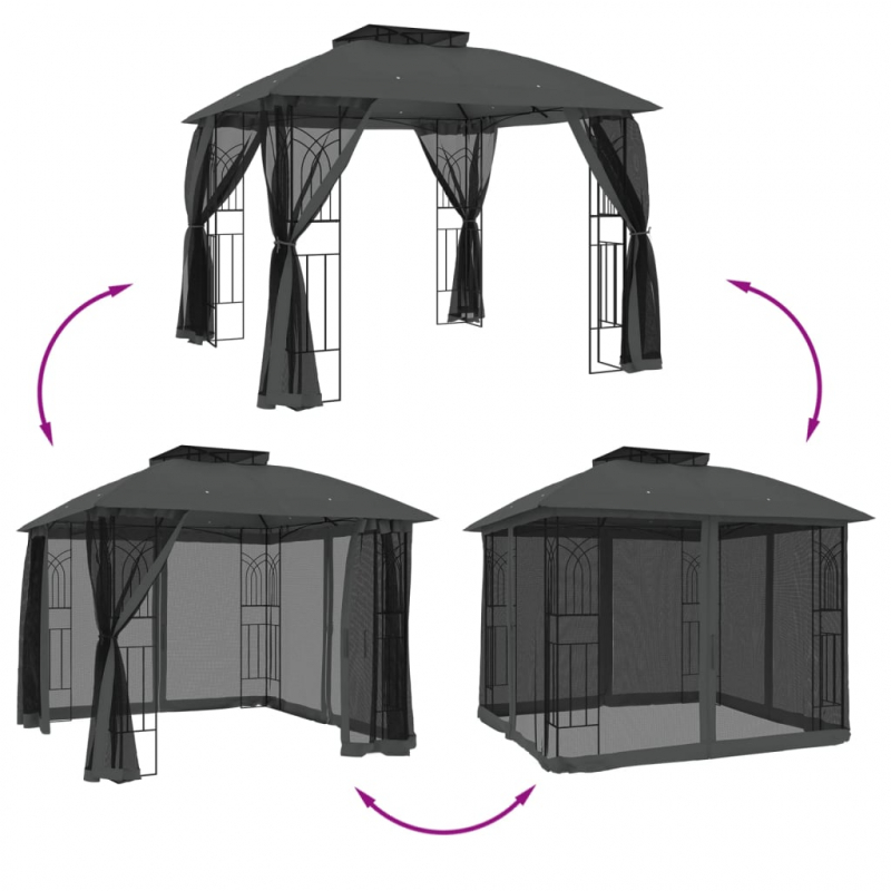 Pavillon mit Doppeldach & Netzwänden Anthrazit 2,94x2,94m Stahl