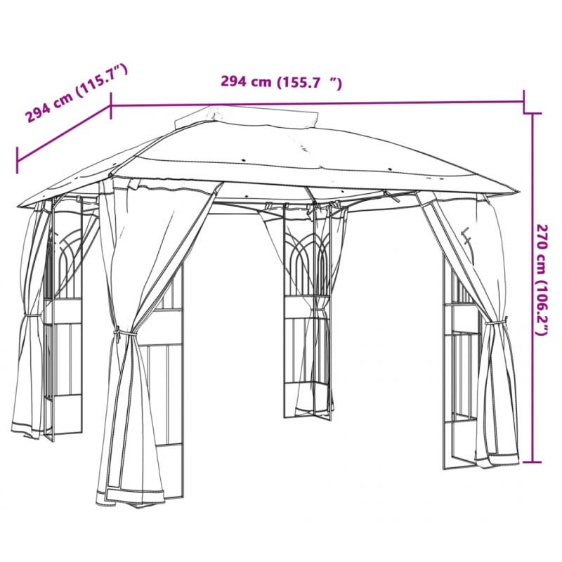 Pavillon mit Doppeldach & Netzwänden Taupe 2,94x2,94 m Stahl