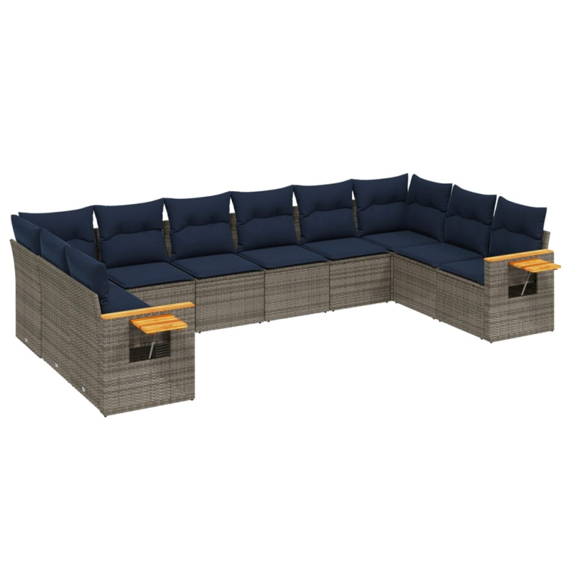 10-tlg. Garten-Sofagarnitur mit Kissen Grau Poly Rattan