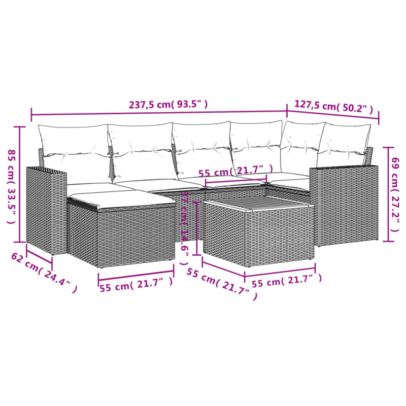 7-tlg. Garten-Sofagarnitur mit Kissen Beige Poly Rattan