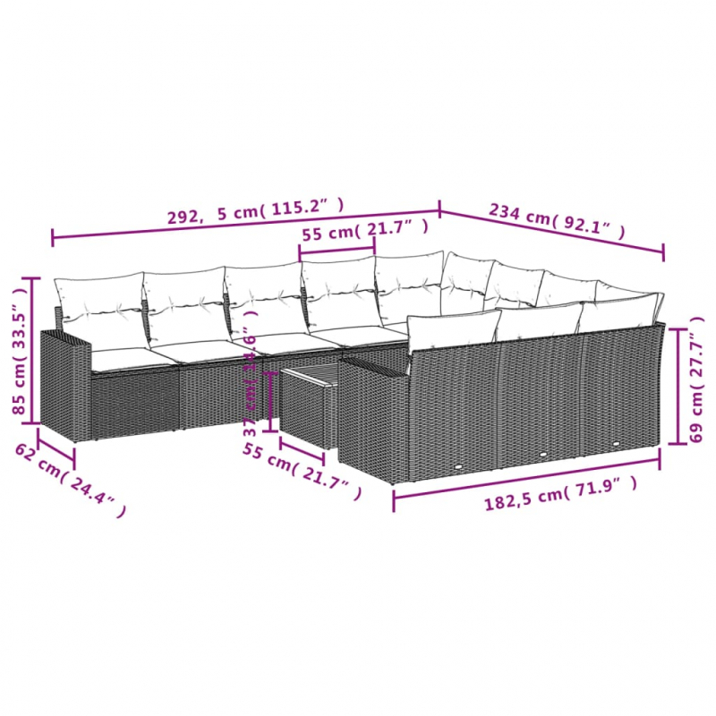 11-tlg. Garten-Sofagarnitur mit Kissen Grau Poly Rattan