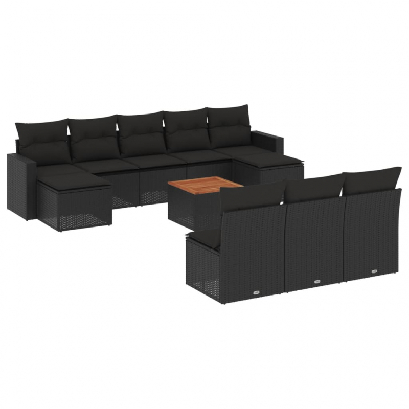 11-tlg. Garten-Sofagarnitur mit Kissen Schwarz Poly Rattan