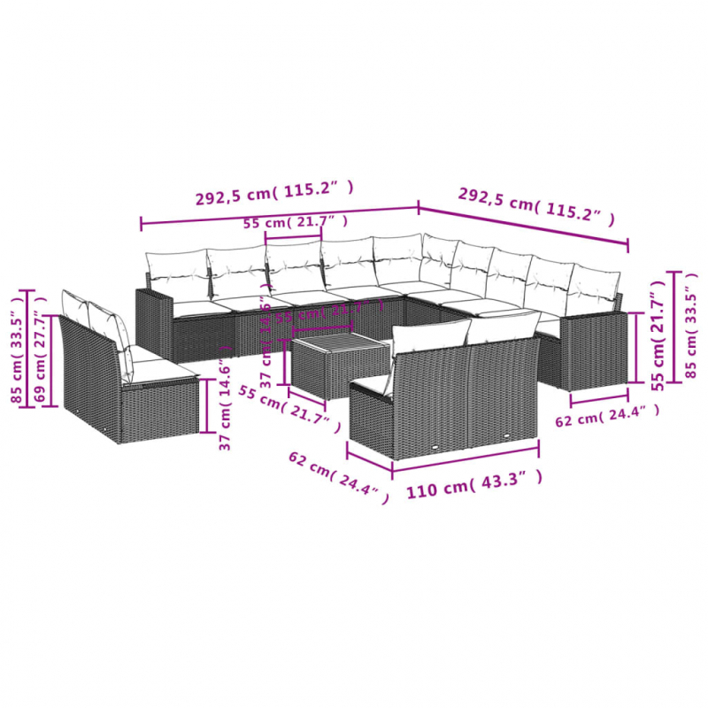 14-tlg. Garten-Sofagarnitur mit Kissen Grau Poly Rattan