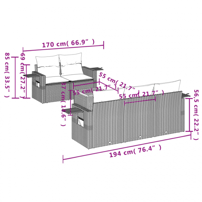 6-tlg. Garten-Sofagarnitur mit Kissen Schwarz Poly Rattan