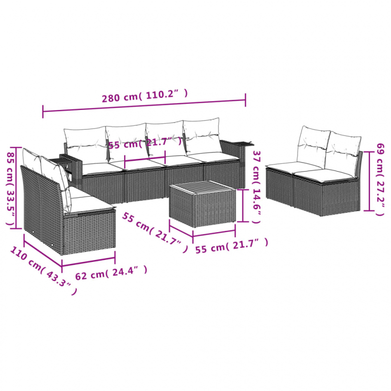 9-tlg. Garten-Sofagarnitur mit Kissen Schwarz Poly Rattan