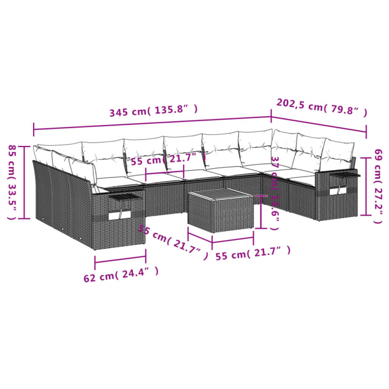 11-tlg. Garten-Sofagarnitur mit Kissen Grau Poly Rattan