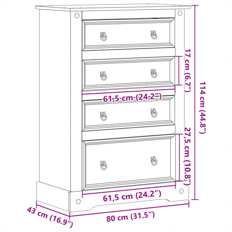 Kommode Corona 80x43x114 cm Massivholz Kiefer