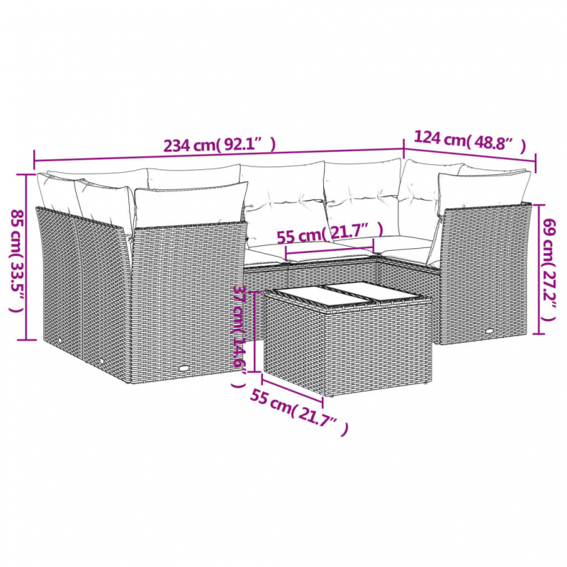 7-tlg. Garten-Sofagarnitur mit Kissen Hellgrau Poly Rattan