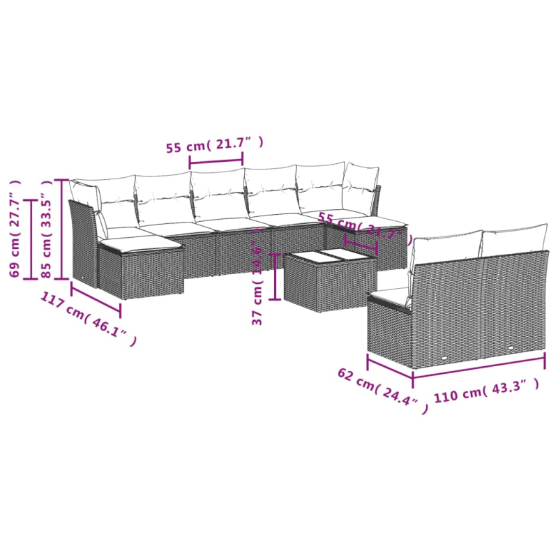 10-tlg. Garten-Sofagarnitur mit Kissen Braun Poly Rattan