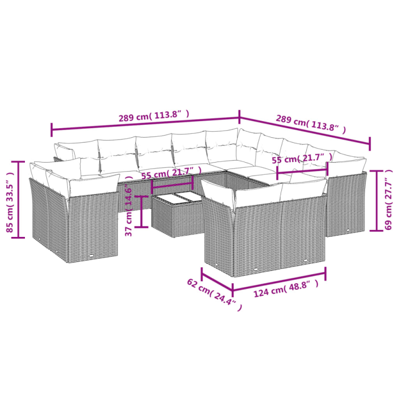 14-tlg. Garten-Sofagarnitur mit Kissen Braun Poly Rattan