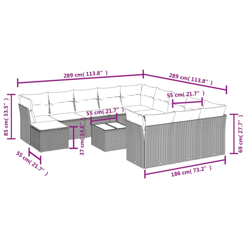 13-tlg. Garten-Sofagarnitur mit Kissen Braun Poly Rattan