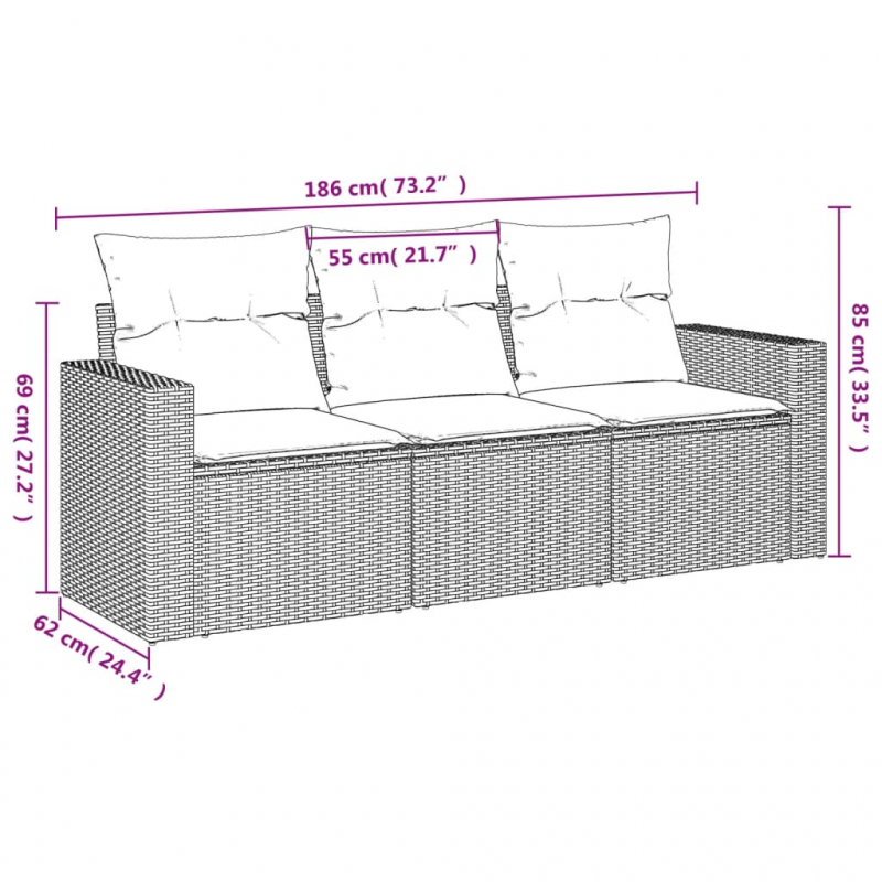 3-tlg. Garten-Sofagarnitur mit Kissen Grau Poly Rattan