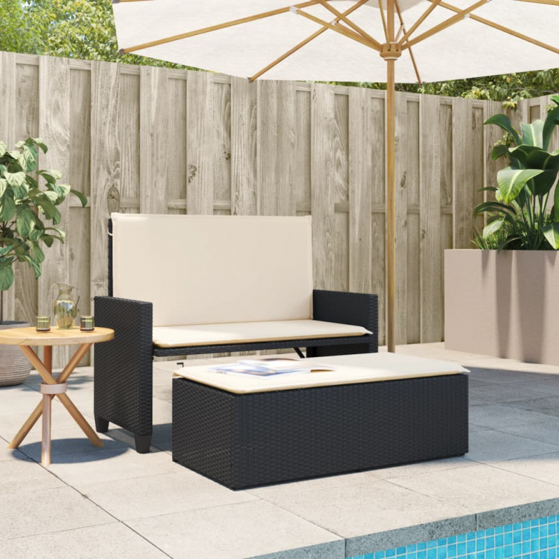 Gartenbank mit Kissen und Hocker Schwarz Poly Rattan