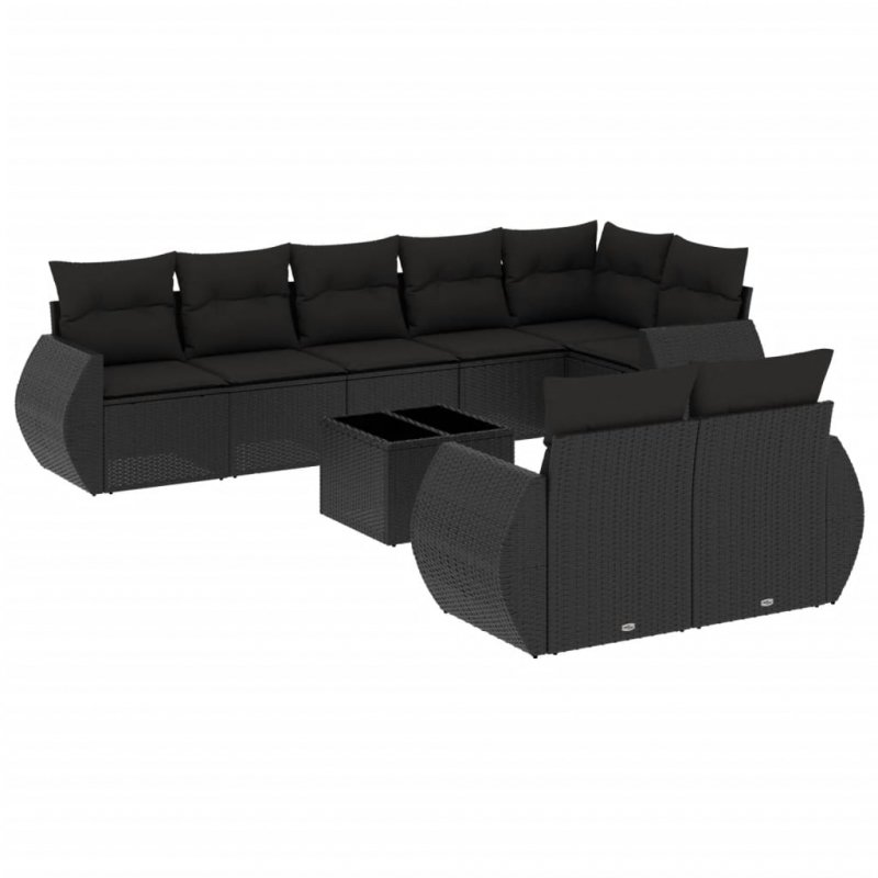 9-tlg. Garten-Sofagarnitur mit Kissen Schwarz Poly Rattan