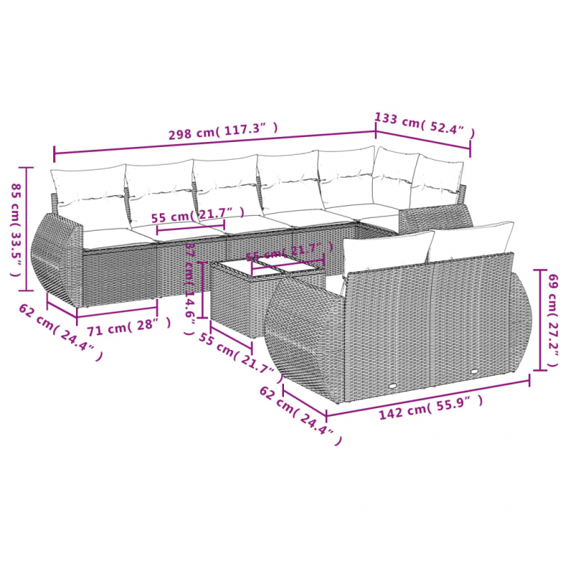 9-tlg. Garten-Sofagarnitur mit Kissen Grau Poly Rattan