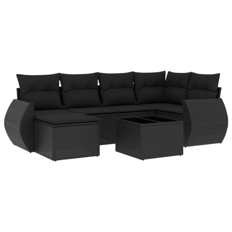 7-tlg. Garten-Sofagarnitur mit Kissen Schwarz Poly Rattan