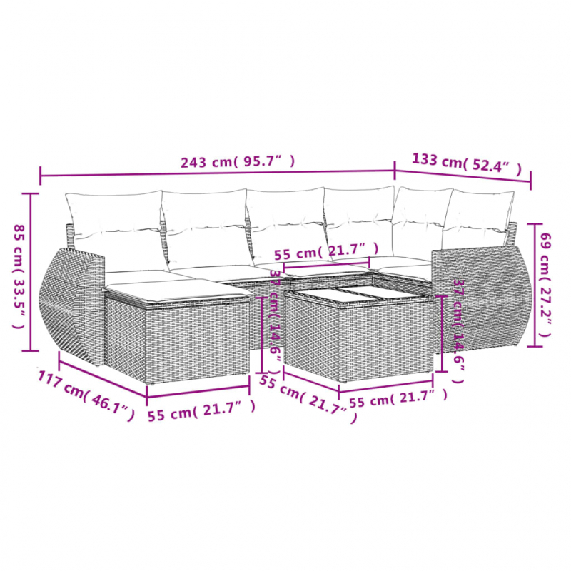 7-tlg. Garten-Sofagarnitur mit Kissen Beige Poly Rattan