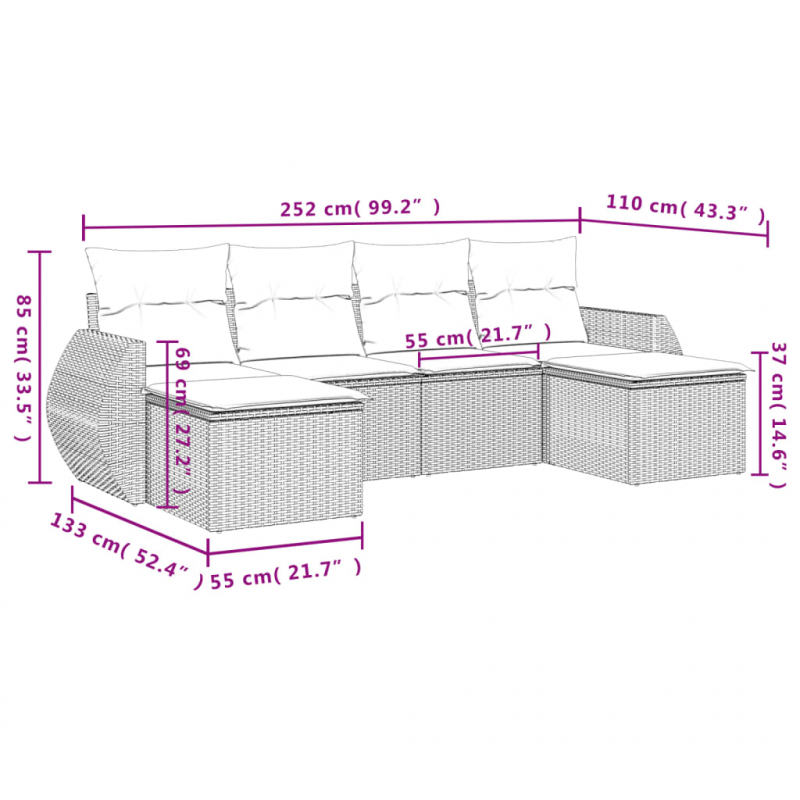 6-tlg. Garten-Sofagarnitur mit Kissen Schwarz Poly Rattan