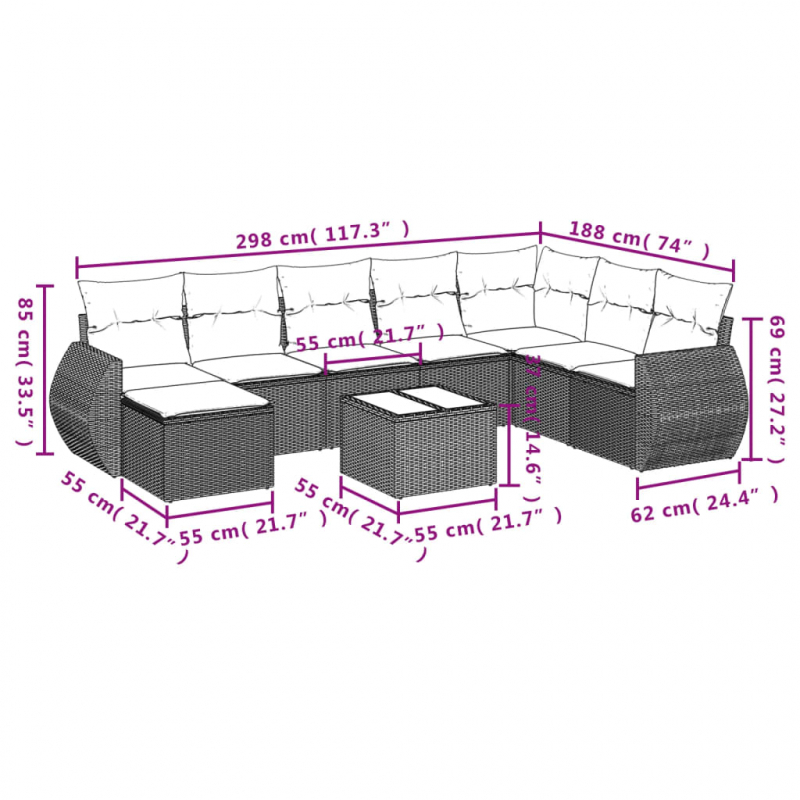 9-tlg. Garten-Sofagarnitur mit Kissen Schwarz Poly Rattan